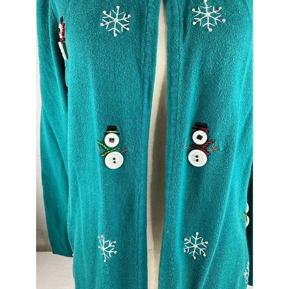 Women’s Christopher Banks Holiday Snowman Snowflakes Cardigan Sweater Sz M Teal - Picture 3 of 3